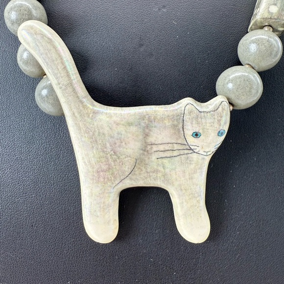 Whimsical Ceramic Grey Cat Necklace Handmade Folk Artisan Jewelry Studio Art OAK - Picture 2 of 6